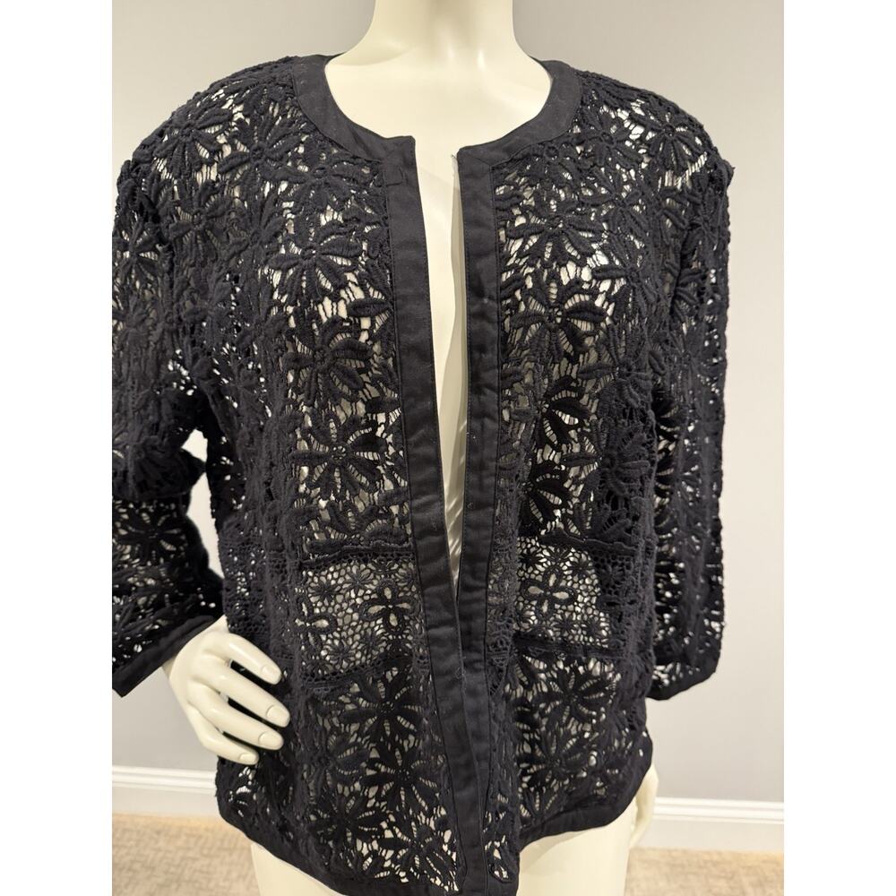 Women Black Crochet Lace Shrug Open Cardigan Knitted 3/4 Sleeve Boho Sz M/L - Picture 4 of 7